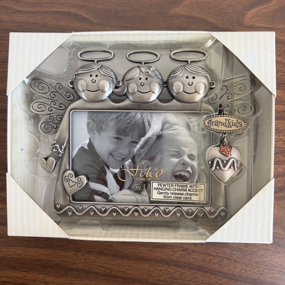 Vintage Home Decor Pewter Grandkids Angel Picture Frame 5x3.5 with Hanging Charm